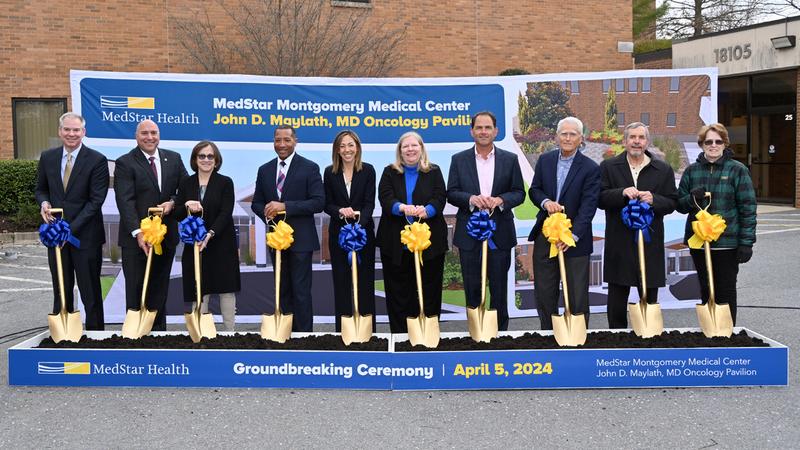 Officials from MedStar Health break ground at a ceremony to mark the beginning of construction for the Mylath Oncology Center at MedStar Montgomery Medical Center.