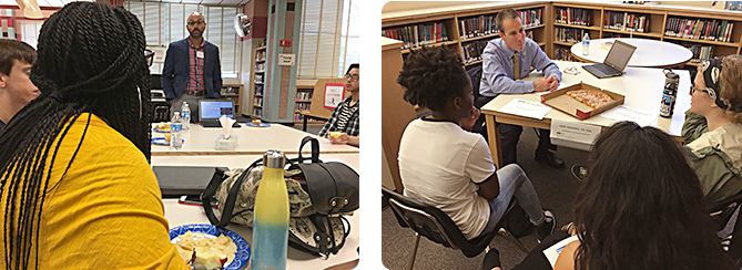 Doctors from MedStar Health talk with students at a school in Montgomery County, Maryland for career day.