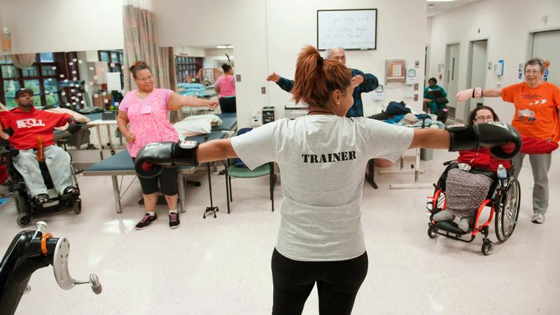 An instructor leads an adaptive fitness class at MedStar Health in Virginia.