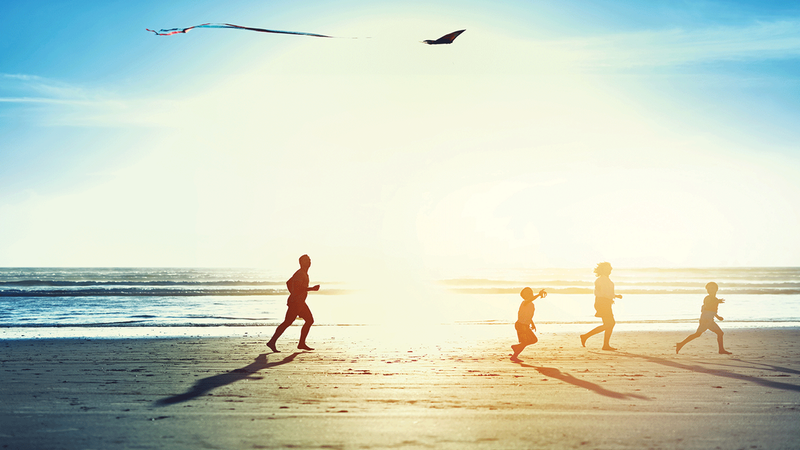 A family flies a kite together on the beach.