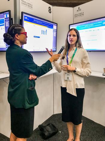 Dr Hannah Arem is interviewed during a research conference at MedStar Health.