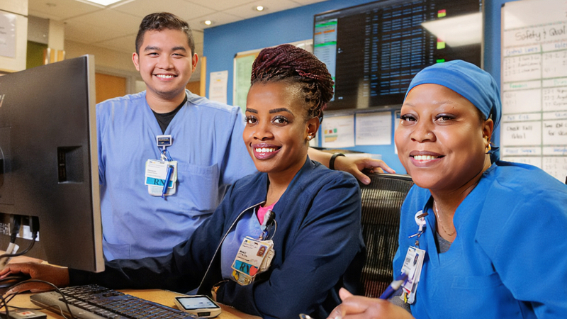 Three nurses pose for a photo while seated at a nursing station at MedStar Health.