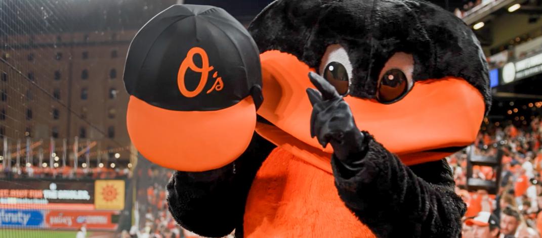 The Baltimore Orioles mascot poses for the camera at a night baseball game in Baltimore.