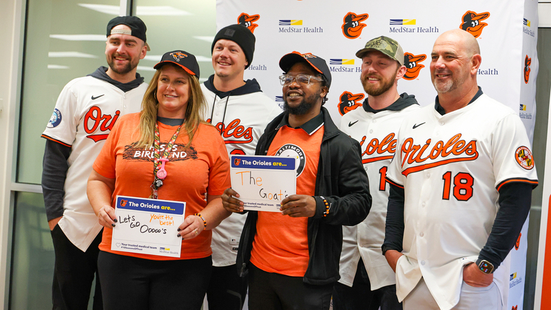Baltimore Orioles players visit MedStar Health hospitals as part of the Birdland Caravan program.