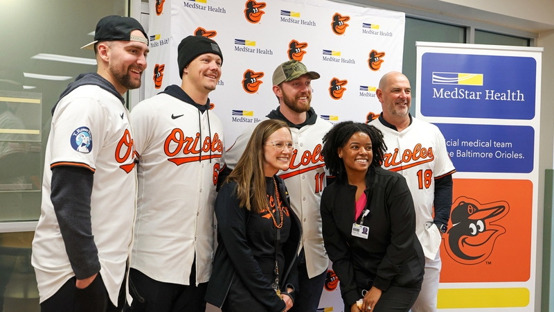 Baltimore Orioles players visit MedStar Health hospitals as part of the Birdland Caravan program.