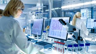 A female scientist works in a clinical laboratory and looks at cells on a computer monitor.