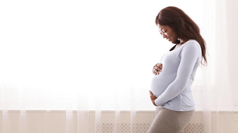 Beautiful pregnant woman hugging her tummy, enjoying her pregnancy next to window.