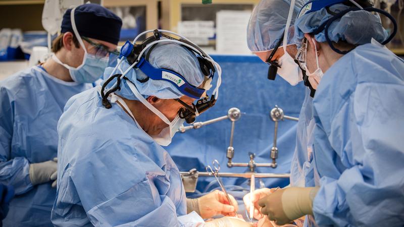 一个外科医生团队执行MedStar乔治敦大学医院的器官移植手术。