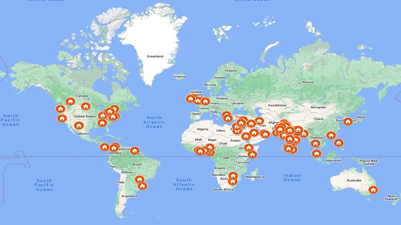 World map showing hometowns of program residents.