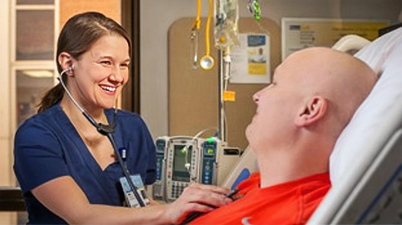 A nurse smiles and chats as she listens to a cancer patient's heart at MedStar Health.