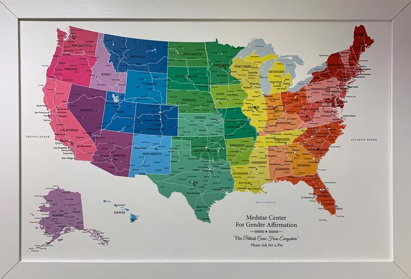 Map of locations where patients have travelled from to undergo treatment at the MedStar Health Center for Gender Affirmation.