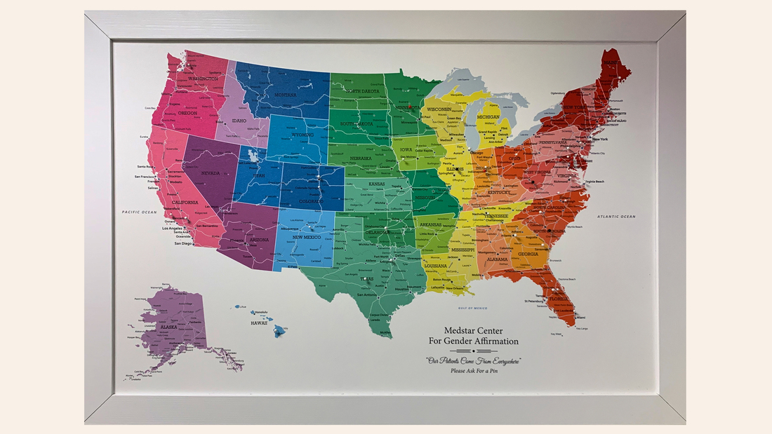 Map of locations where patients have travelled from to undergo treatment at the MedStar Health Center for Gender Affirmation.