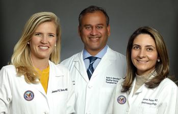 Transplant surgeons Jessica Davis, Rohit Satoskar and Atoosa Rabiee pose for a group portrait.