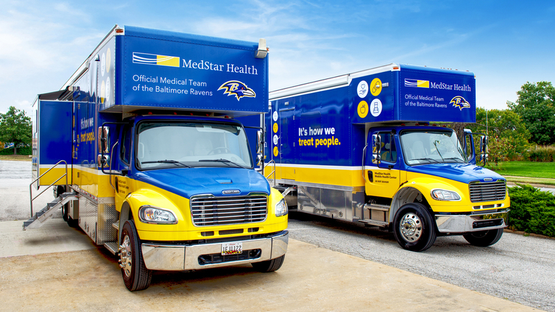 The MedStar Health mobile healthcare team poses for a photo in front of the mobile healthcare center truck.