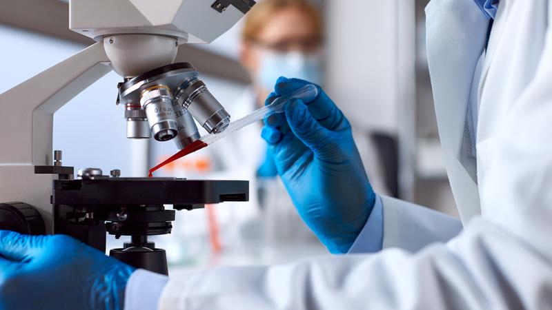 Close up photo of a scientist putting a blood sample onto a microscope slide.