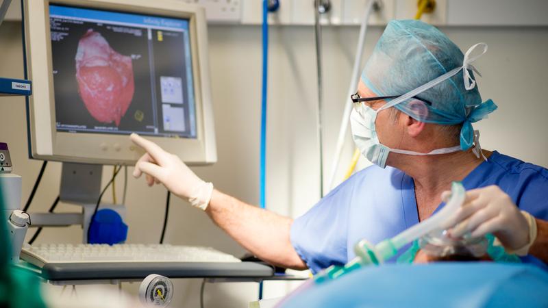 A doctor points to a digital image on a computer screen during a surgical procedure in an operating room.