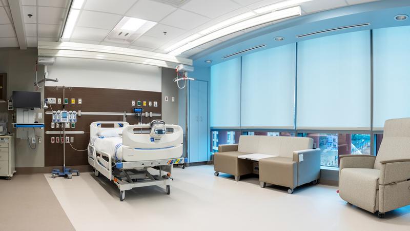 Patient rooms in the Verstandig Pavillion at MedStar Georgetown University Hospital feature plentiful natural light and couches that convert to a bed, for overnight guests.