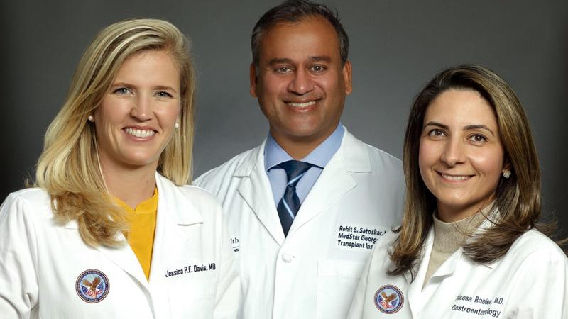 Transplant surgeons Jessica Davis, Rohit Satoskar and Atoosa Rabiee pose for a group portrait.